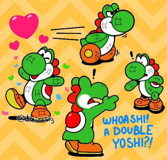 A bunch of Yarn Yoshi doodles:

Left doodle has Yarn Yoshi posing after completing a level. Confettis and hearts surrounding him. 

Top doodle has Yarn Yoshi running fast that his feet turned to wheels. 

Bottom right doodle has Yarn Yoshi and normal Yoshi pointing at each other in shock as a text near them says “WHOASHI! A DOUBLE YOSHI?!”