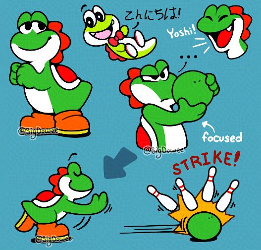 A bunch of doodles of Noseless Yoshi aka Yoshi without his big, iconic nose. 1. Just Noseless Yoshi standing there, smiling at the viewer. 2. Yoshi in his 