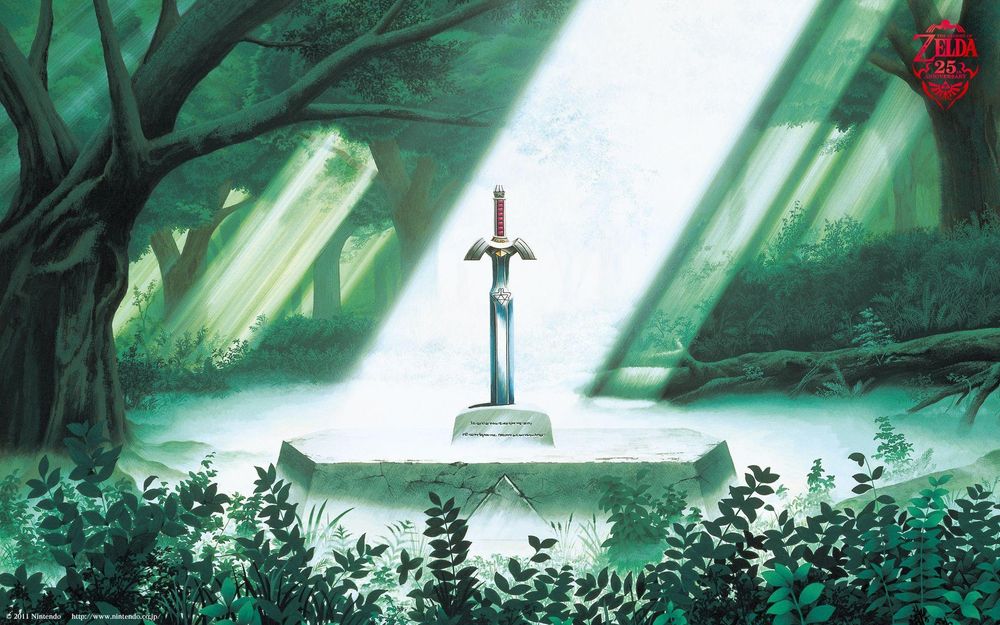 Sword in a clearing of a forest. The sword is kept halfway inside a stone altar.