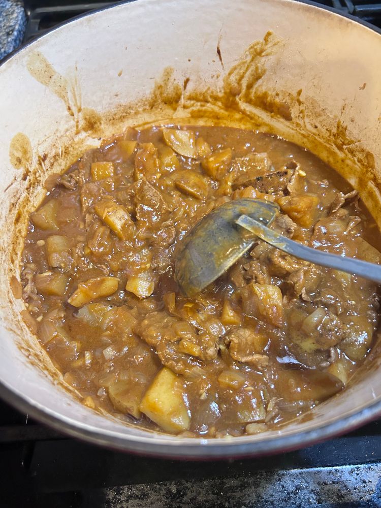 A dutch oven containing Japanese style curry. May have been overeager with the solid ingredients. Still tasty.