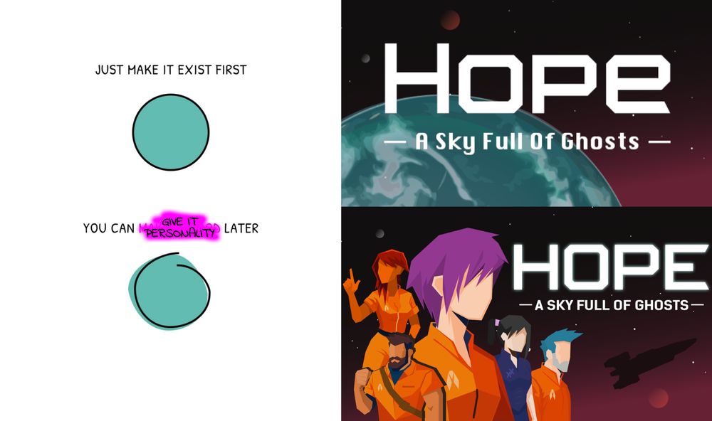 The "Make It Exist First/Make It Good Later", but the circle images have been inverted, and the "make it good" has been replaced with "Give it Personality". It is accompanied by the first and more recent Steam Capsule for Hope: A Sky Full of Ghosts