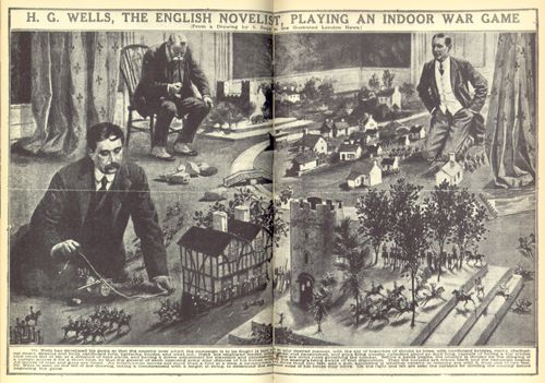 H.G.WELLS, THE ENGLISH NOVELIST PLAYING AN INDOOR WARGAME

(From a Drawing by S. Begg in the Illustrated London News)

"Mr. Wells has developed his game so that the country over which the campaign is to be fought is laid out in any desired manner, with the aid of branches of shrubs as trees, with cardboard bridges, rocks, chalked-out rivers, streams and fords, cardboard forts, barracks, houses, and what not; there are employed leaden infantrymen and cavalrymen, and guns firing wooden cylinders about an inch long, capable of hitting a toy soldiers nine times out of ten at a distance of nine yards, and having a screw adjustment for elevation and depression. There are strict rules governing the combat. Before the battle begins, the country is divided by the drawing of a curtain across it for a short time, so that the general of each opposing army may dispose of his forces without the enemy's being aware of that disposition. Then the curtains are drawn back and the campaign begins. All moves of men and guns are timed. An infantryman moves not more than a foot at a time, a cavalryman not more than two feet, and a gun, according to whether cavalry or infantry are with it, from one to two feet. Mr. Wells is seen on the left of the drawing, taking a measurement with a length of string, to determine the distance some of his forces may move. On the right and left are seen the curtains for dividing the country before beginning the game."