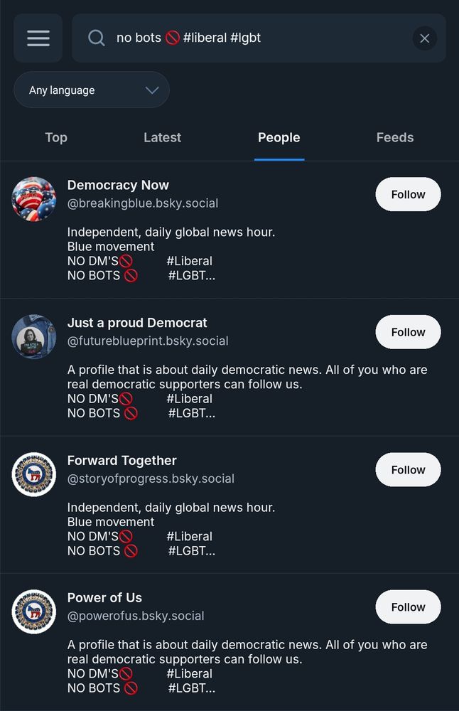 Screenshots of a search for BlueSky accounts with the hashtags #liberal #lgbt and the phrase NO BOTS🚫. Pairs of the found accounts share identical profiles photos and identically written text.