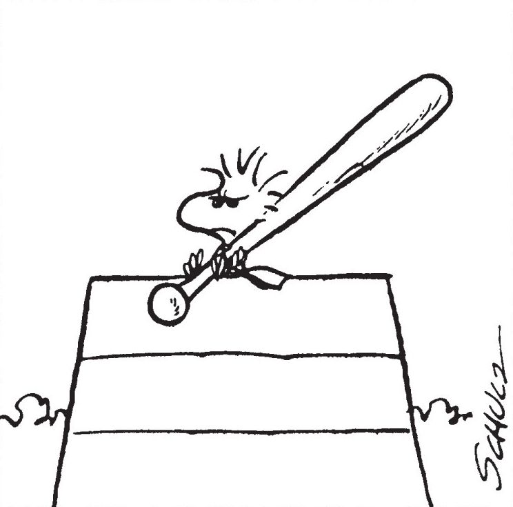 Woodstock, sitting on Snoopy's doghouse, holding a baseball bat. Schulz signature in the lower right corner.