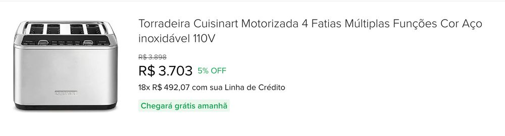 anuncio do mercado livre de uma torradeira cuisinart motorizada 4 fatias cor aço por R$ 3.703,00