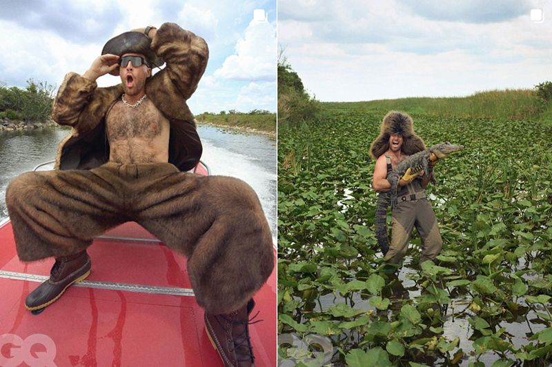 Travis Kelce on a boat in a swamp wearing a whole fur suit and gators and sunglasses. He looks like he’s screaming. Second image is also Kelce but he’s in a marsh with a giant fur hat on and holding a small alligator 