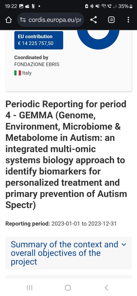 Screenshot of part of the weblink in the tweet, which reads: "Periodic Reporting for period 4 - GEMMA (Genome, Environment, Microbiome & Metabolome in Autism: an integrated multi-omic systems biology approach to identify biomarkers for personalized treatment and primary prevention of Autism Spectr)"