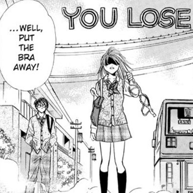 Panel from the manga Absolute Boyfriend, of outdoors where a girl in a cardigan and short skirt is holding a bra. Behind her there's a boy in glasses, hands in pockets, saying "Well, put the bra away!"