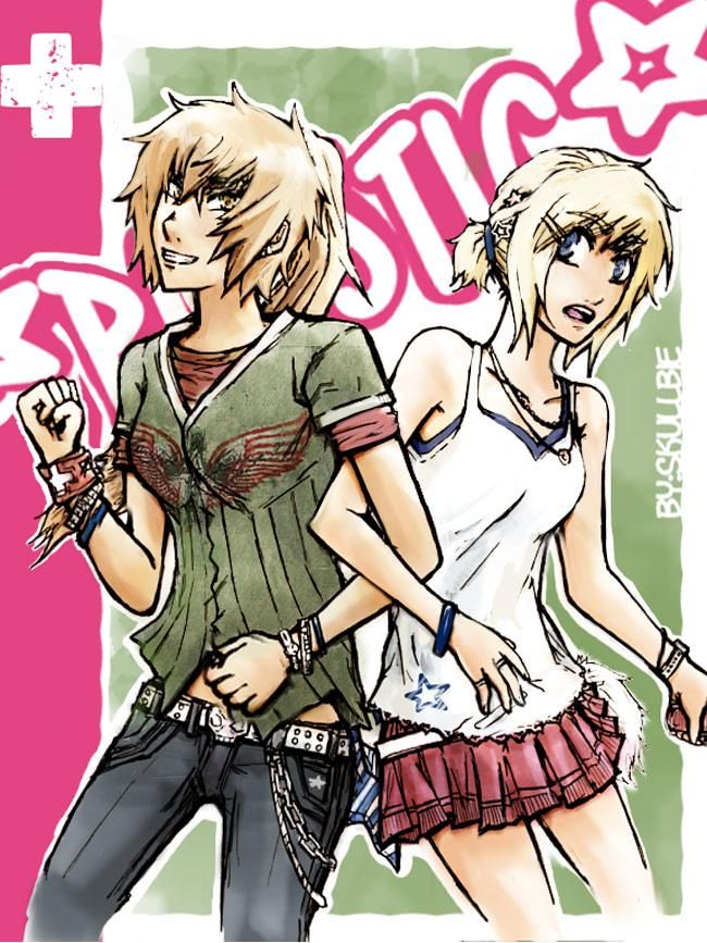 Two girls are leaning into each other, one's arm looped around the other's. They are both different shades of blonde. One looks more dynamic, in jeans and khaki top, the other more girly in mini skirt and tank top. Cover image for the webcomic Plastic by Skullbie!