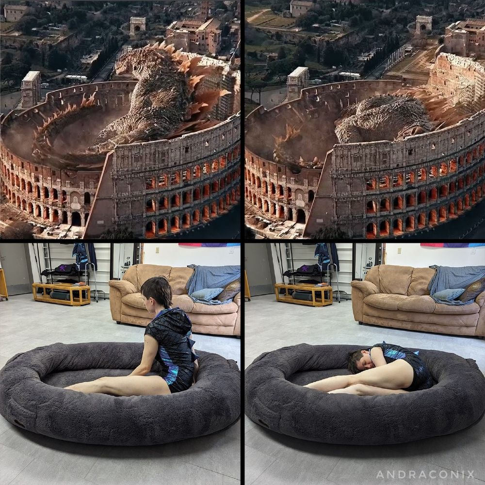 Godzilla takes a nap in the Coliseum. Riley takes a nap in the Plufl