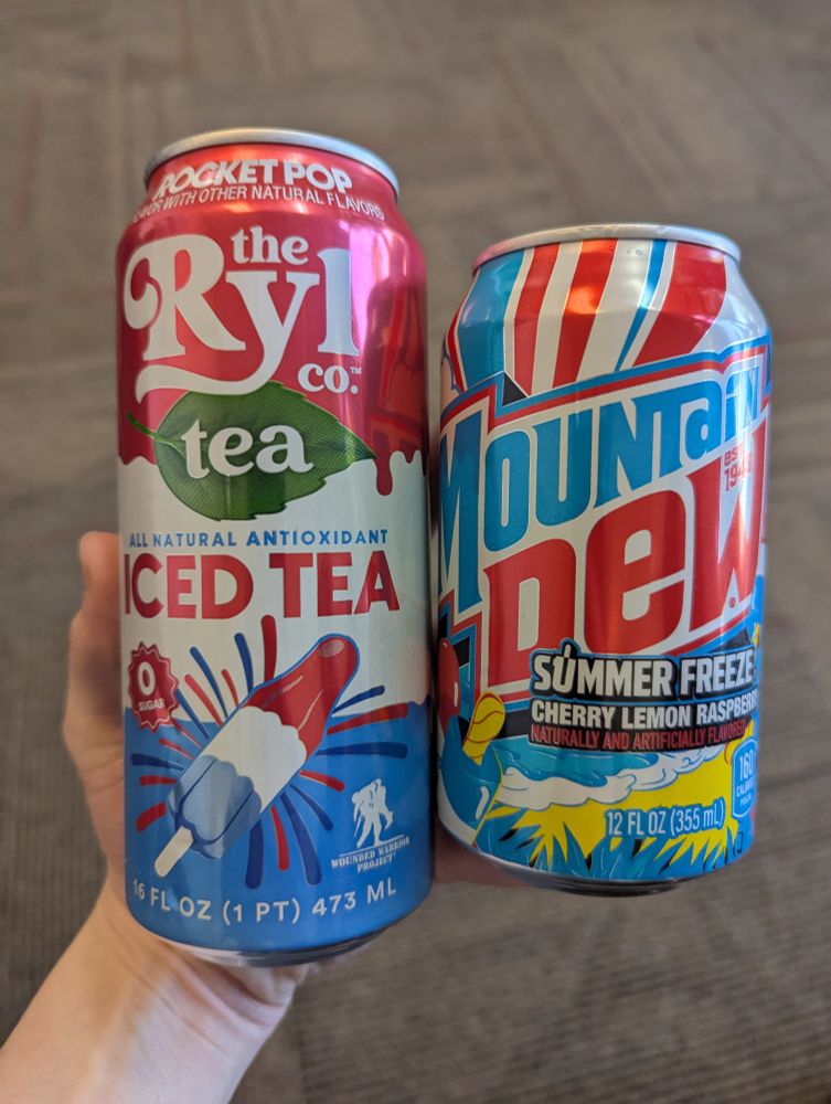 Photo, two drink cans with limited edition flavors for summer: Rocket Pop iced tea from The Ryl Co. & Summer Freeze (cherry, lemon, raspberry) soda from Mountain Dew