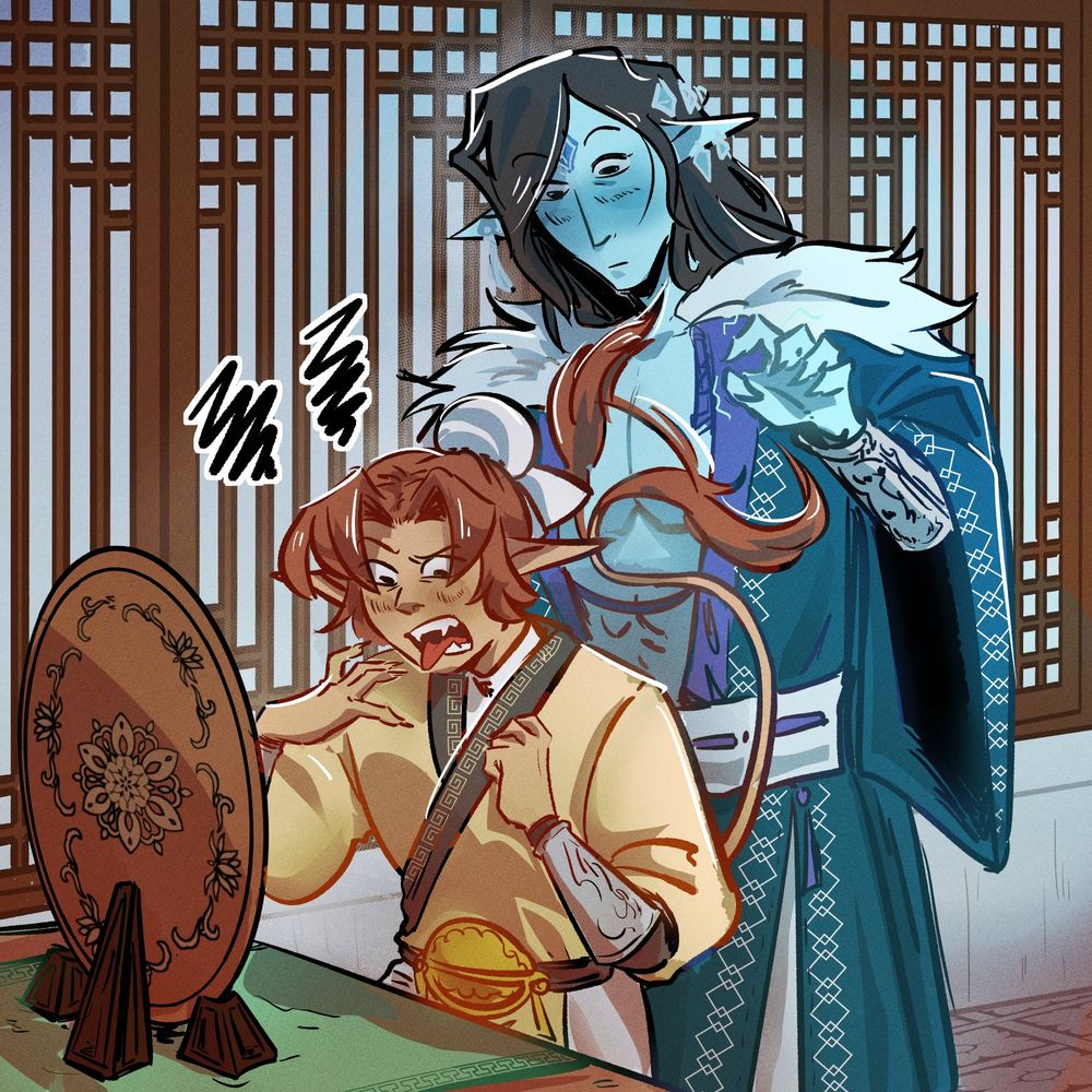 Demon! SQH checking his new features in a bronze mirror, meanwhile MBJ stands behind him with his hands hovering. (he really, really, wants to touch.)