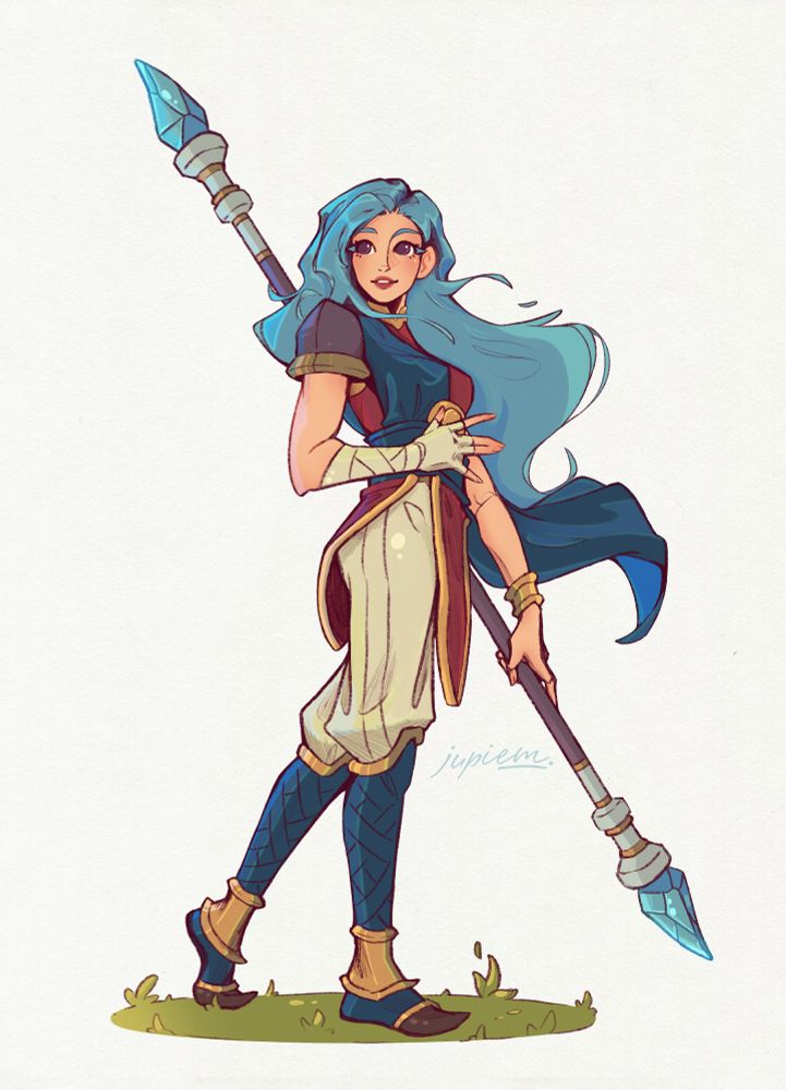Digital Art Illustration of Valere a lunar monk from the game Sea of stars. Left leg extended behind her and her left hand holding a staff. blue hair, red and gold tunic along with a metal shoulder amour piece on her right shoulder. She has a blue cloth belt that extends over her right should and comes down her back and is flowing in the wind along with her hair. blue wrapped shows and gold adornments are also present. 