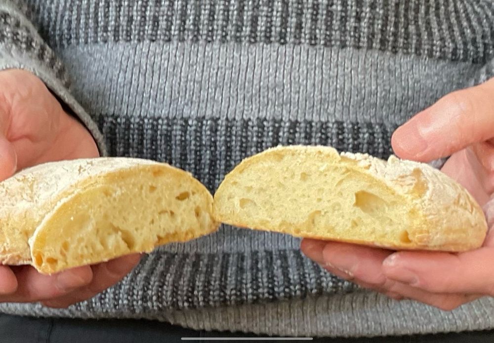Ciabatta roll cut in half to show structure