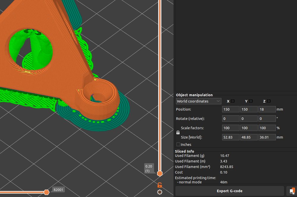 Screenshot from Prusa Slicer showing the weight and cost of printing a little plastic pyramid, part of which is visible to one side.