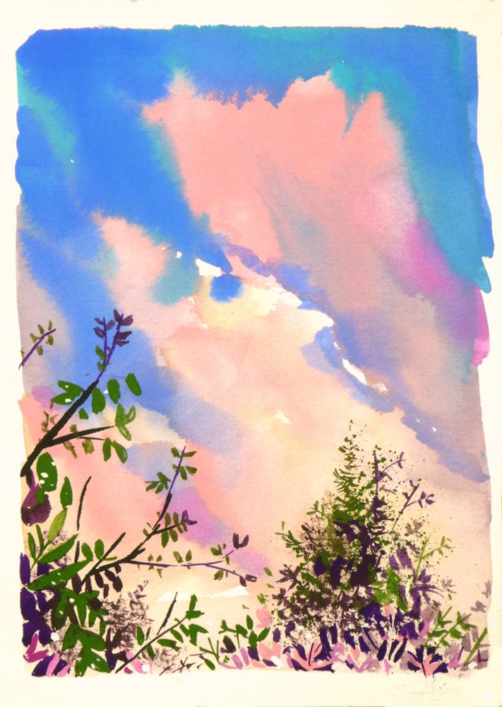 gouache landscape of spring branches against a dramatic sky