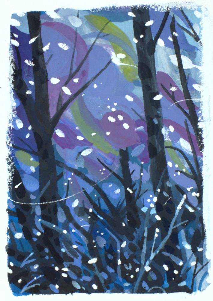 gouache landscape of blowing snow in a forest