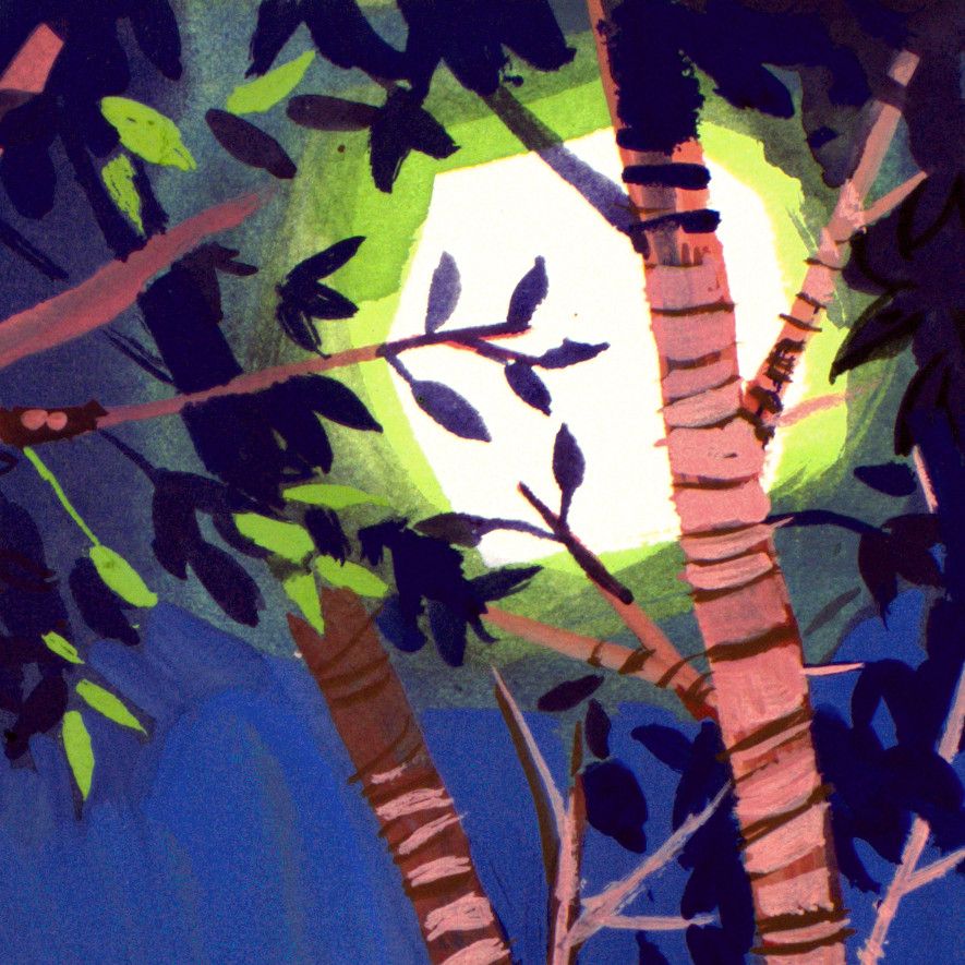 detail of gouache painting, green moon behind trees