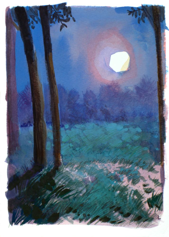 gouache landscape painting of the moon over a field and trees