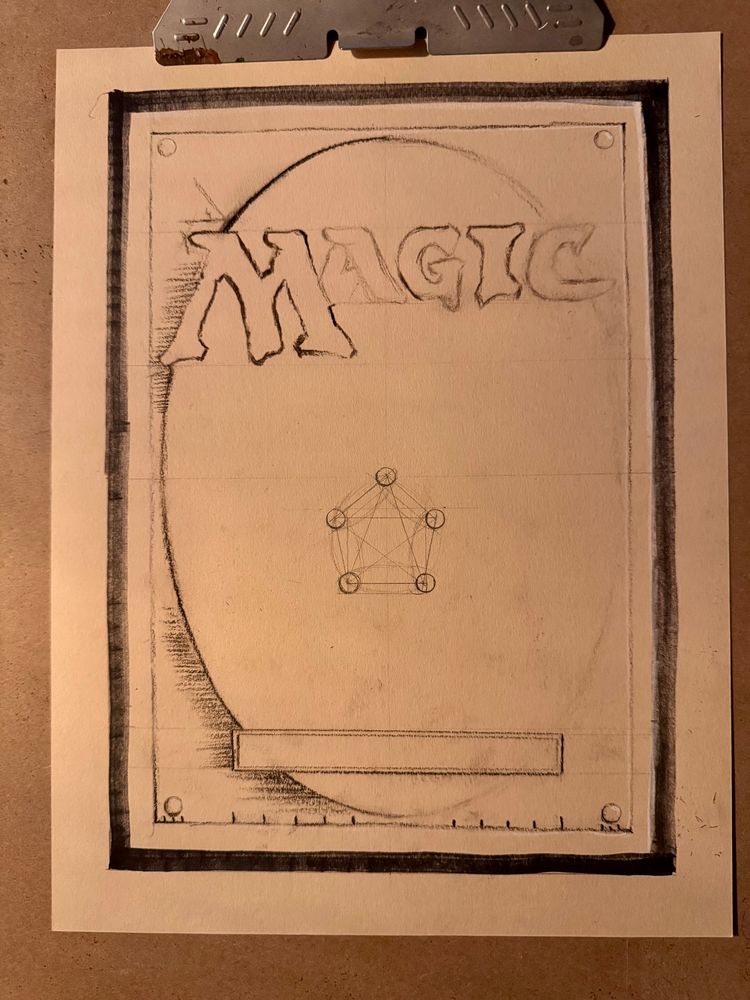An unfinished ink and charcoal drawing of the Magic the Gathering card back in the style of Leonardo da Vinci’s sketches. 