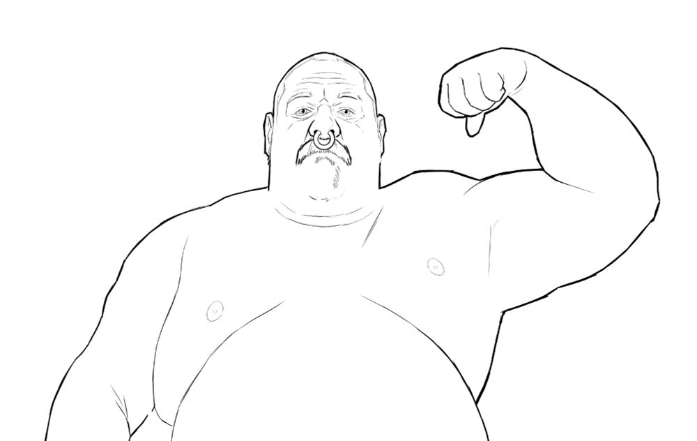 A line drawing of a very large man, upper body and head, all fat and muscle, unclothed, facing us with a stern expression. A head composed of a shaved receding hairline, thick moustache, and a heavy gauge nose ring. His left arm up, curled, showing off his bicep.