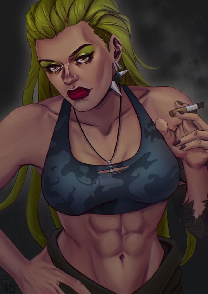 a gift drawing of original character Estella, which belongs to @alisegluskova.bsky.social, a woman with green dreadlock-like hair, wearing a gym top‬ and holding the cigarette.