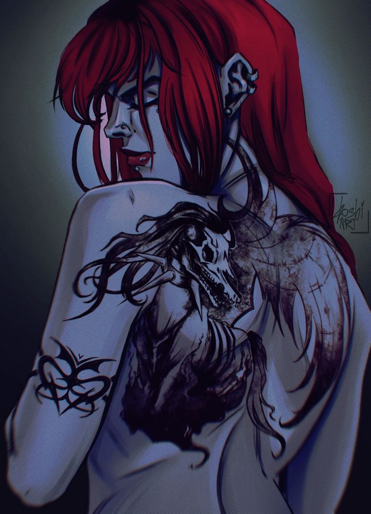 A drawing of my original character Rachel, a red-haired woman showing her back and revealing new skulled pegasus tattoo on her upper back.