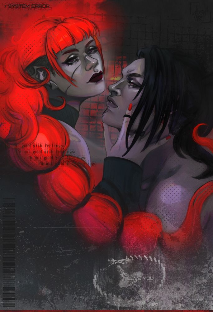 Drawing of kjetll's ocs CA and Folly in red and black colors. CA touches Folly's jaw with her fingertips and looks bored while Folly looks at her with passion.

// artfight attack on @kjetll.bsky.social