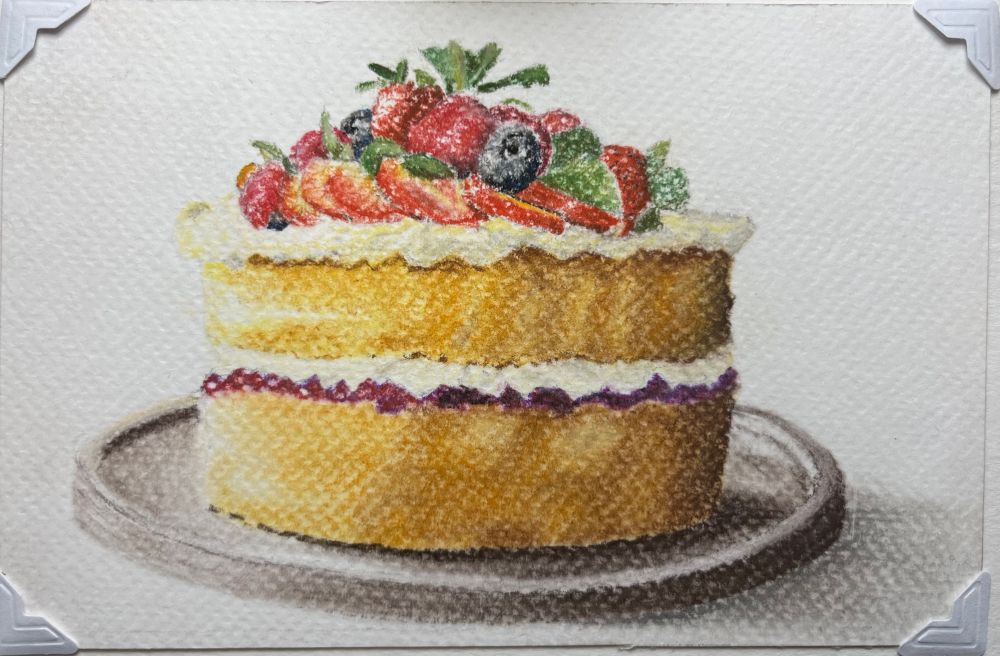 A picture of a Victoria sponge with fruit on top. Done in soft pastels. 