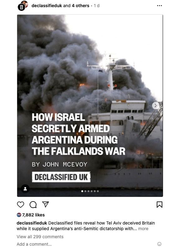 Declassified's headline "How Israel secretly armed Argentina during the Falklands War".
