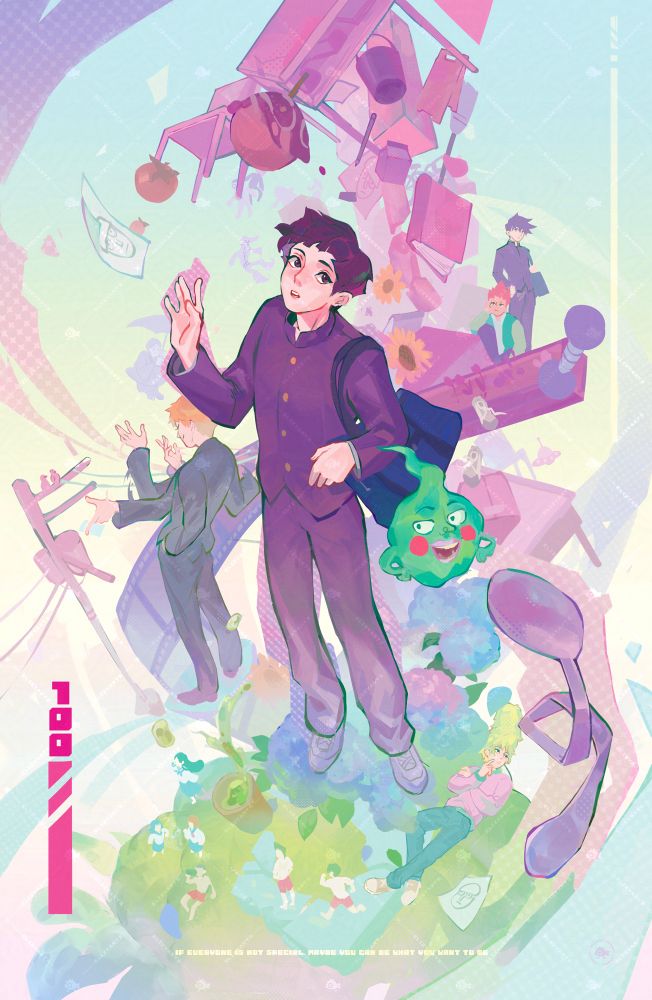 an illustration of mob floating, looking around in ✨wonder✨ while surrounded by various characters and objects referenced in the show