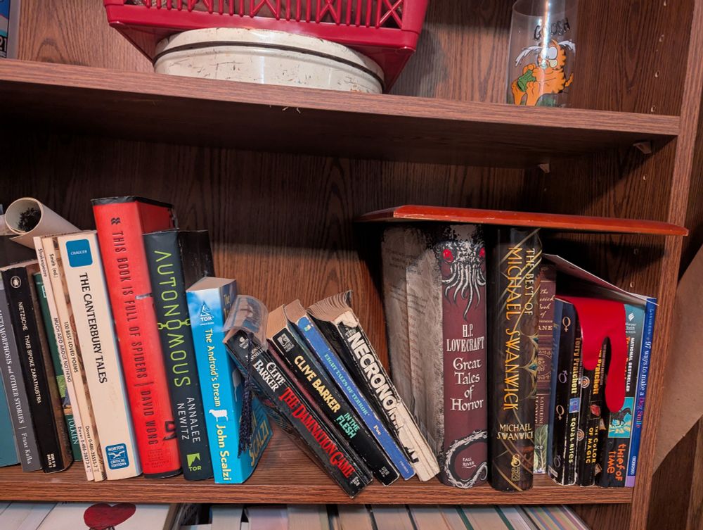 Shelf of HP Lovecraft and other horror related books .