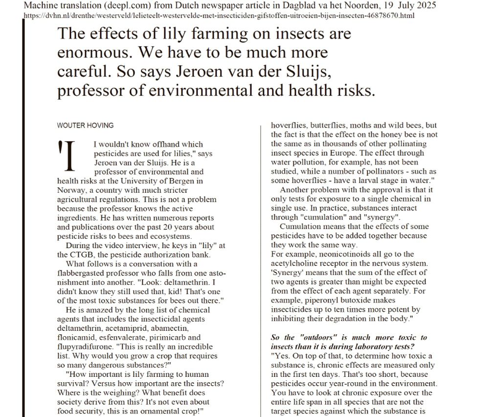 Photo of newspaper headline: The effects of lily farming on insects are enormous. We have to be much more careful. So says Jeroen van der Sluijs, professor of environmental and health risks.