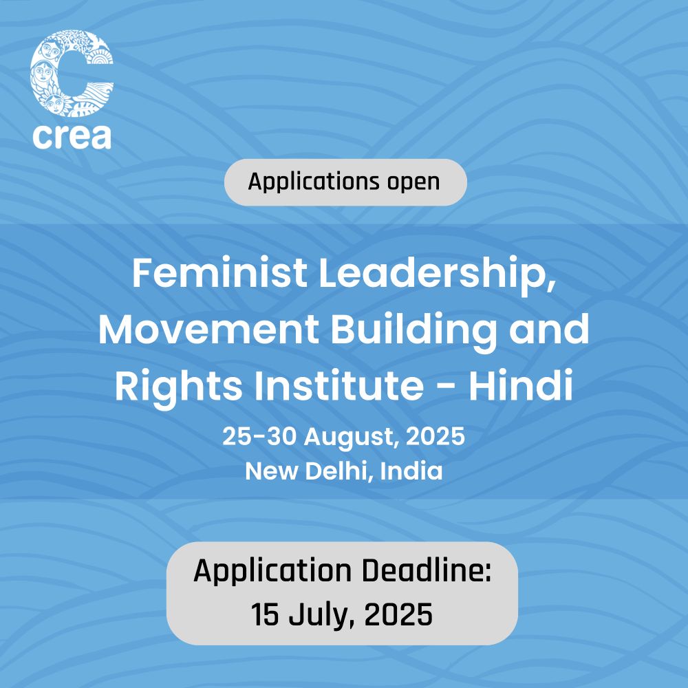 A light blue poster with dark blue waves in the background. In the middle of the poster is large white text: Feminist Leadership, Movement Building and Rights Institute (FLMBARI)- Hindi!, 25-30 August, 2025 New Delhi, India. Below this, there is a grey box with text: Application Deadline: 15 July, 2025. At the top right of the poster is a white CREA logo.
