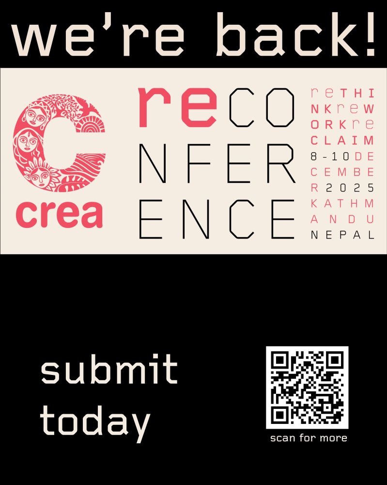 Black poster with the text "we're back" in white at the top. Recon and CREA logos are just under the text. The text at the bottom left reads "submit today". The QR code with the text "scan for more" is at the bottom right.