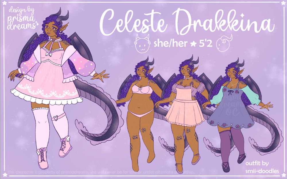 a character reference of my oc, celeste drakkina. she is a brown-skinned humanoid with long, curly purple hair tied in twintails. she has dragon wings, horns, a tail, and scales. she is dressed in a short pink dress with a pink and purple jacket in the main image. in the second image, she is in her underwear to show her body type and tummy. in the third image, she wears a purple crop top with pink overall shorts. in the fourth, she wears a purple tank dress with a blue long-sleeved off-the-shoulder blouse underneath, and is captioned "outfit by smii-doodles", who is a tumblr user who goes by nettletea on artfight.
