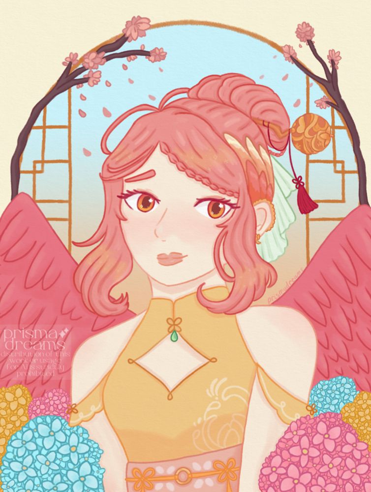 a halfbody portrait illustration of kitbeary's oc, jin meiren, looking at the viewer with a slightly worried expression. she is surrounded by hydrangea flowers, and there is a round window behind her with some flowering branches 