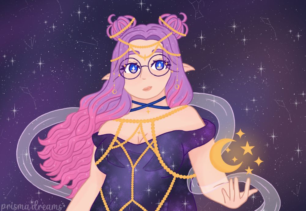 A halfbody illustration of Mama Lumi facing the camera with a hand outstretched holding a magical moon and stars floating above her hand, with her hair flowing behind her.
