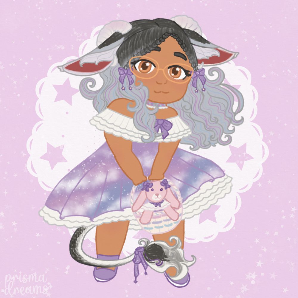 a chibi-sized illustration of honeebunny's sona bree! they wear a frilly dress and are holding a basket with a pink bunny plush in a matching outfit inside.