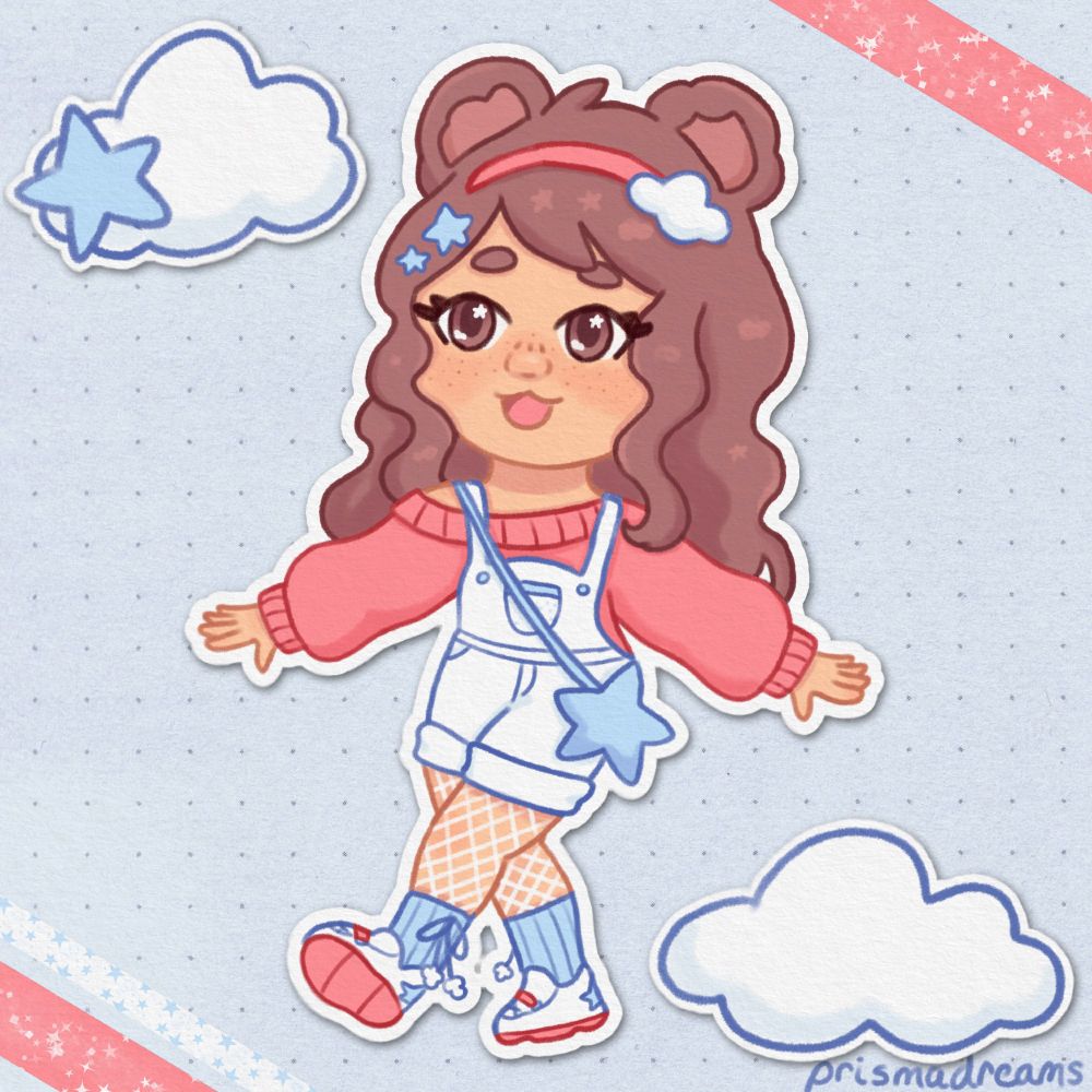 a chibi-styled illustration of emolgana's sona walking along and swinging her arms. it is presented in a bullet journal type composition, with ana and two clouds as stickers, on a page with some star-patterned washi tapes.
