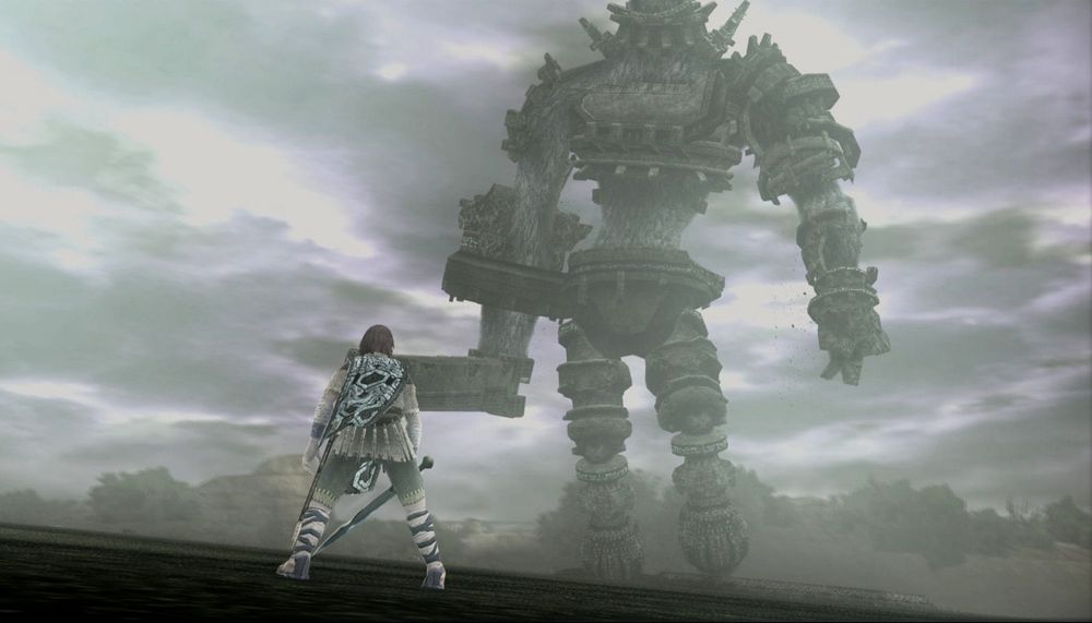 A screenshot of the game Shadow of the Colossus. The protagonist faces a towering colossus, priming themselves for an epic battle.