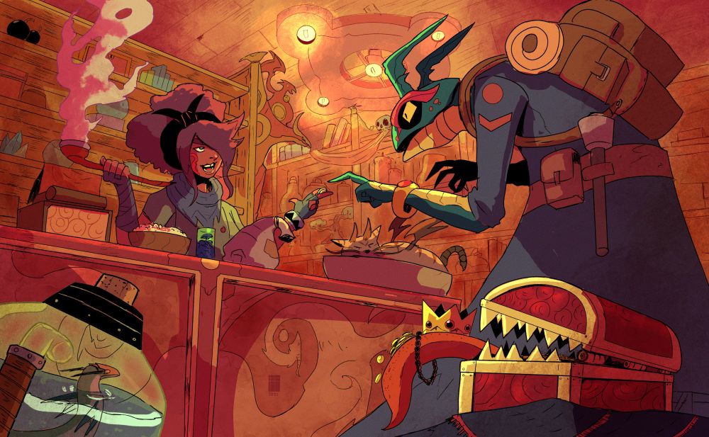A stylized interior scene, likely from a video game or comic, depicts a dimly lit, earthy-toned shop or stall. 

At a counter, a woman with pink/purple hair and a determined expression is smoking a pipe. She is dressed in light-purple garments with darker accents and light-purple/gray colored wraps around her wrists.

Opposite her, a character with reptilian features, blue-green scales, and a dark navy or blue uniform is standing. They have large, spiky head appendages, and they are carrying a large, light brown backpack. The character appears to be mid-interaction with the vendor woman. 

The background features wooden shelving, warm-toned walls, and some other vaguely decorative elements. 

A large red chest with large, jagged teeth along the bottom edge is in the scene near the reptilian character. 

