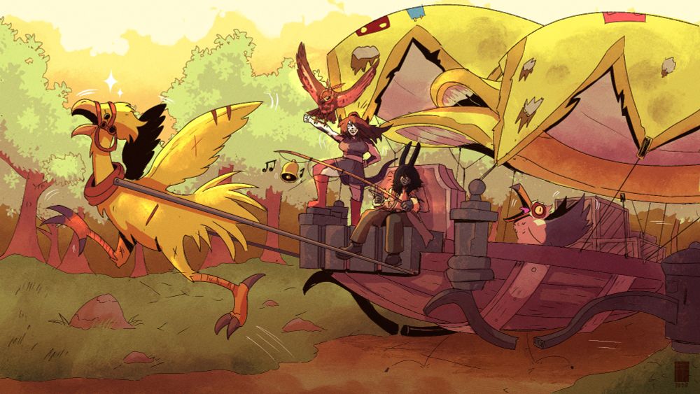 A stylized, animated-style illustration depicts a vibrant landscape scene. 


A large, yellow avian creature, resembling a stylized phoenix or similar mythical bird, is running across a grassy field. It has a harness on its neck, and  appears to be pulling a large, wooden, pirate-style ship/airship.  The ship has large, tattered, yellow canopies or sails.


Several anthropomorphic characters are on or around the ship.  One character, seated in a chair on the ship's deck, has dark hair and is wearing dark clothing, possibly a captain. Another figure, dressed in red and black, plays an instrument resembling a lute.  A third character  has black hair, red clothing and goggles. Another character is perched on a box structure on the side of the ship


The overall color palette is a warm yellowish-tan, with pops of color from the characters and the stylized bird. The trees in the background are a dense green.  The scene is bathed in a warm light, suggesting either sunrise or sunset. A bright background with a soft gradient blends the colors..  The drawing style is detailed yet simplified, with a slightly pixelated quality, suggesting digital art or a digital painting technique.