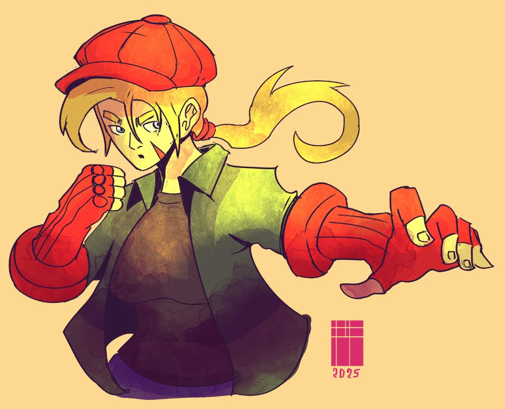 A stylized illustration of a female character, likely from a video game. The character is depicted in a dynamic pose, with one arm extended forward, fist clenched in a combat-ready stance. 

The character has shoulder-length, light blonde hair styled in a loose ponytail, and a red newsboy cap. Her expression is intense and focused. 

Her outfit consists of a dark olive green jacket or shirt, and what appear to be dark purple, or indigo colored pants. 

The character's arms are clad in red, stylized gauntlets or arm coverings that extend past the elbow. These gauntlets have a textured, almost knitted appearance, giving them a somewhat armored feel. The color palette is muted with a vintage or sepia-toned effect. The background is a pale, yellowish-tan color.