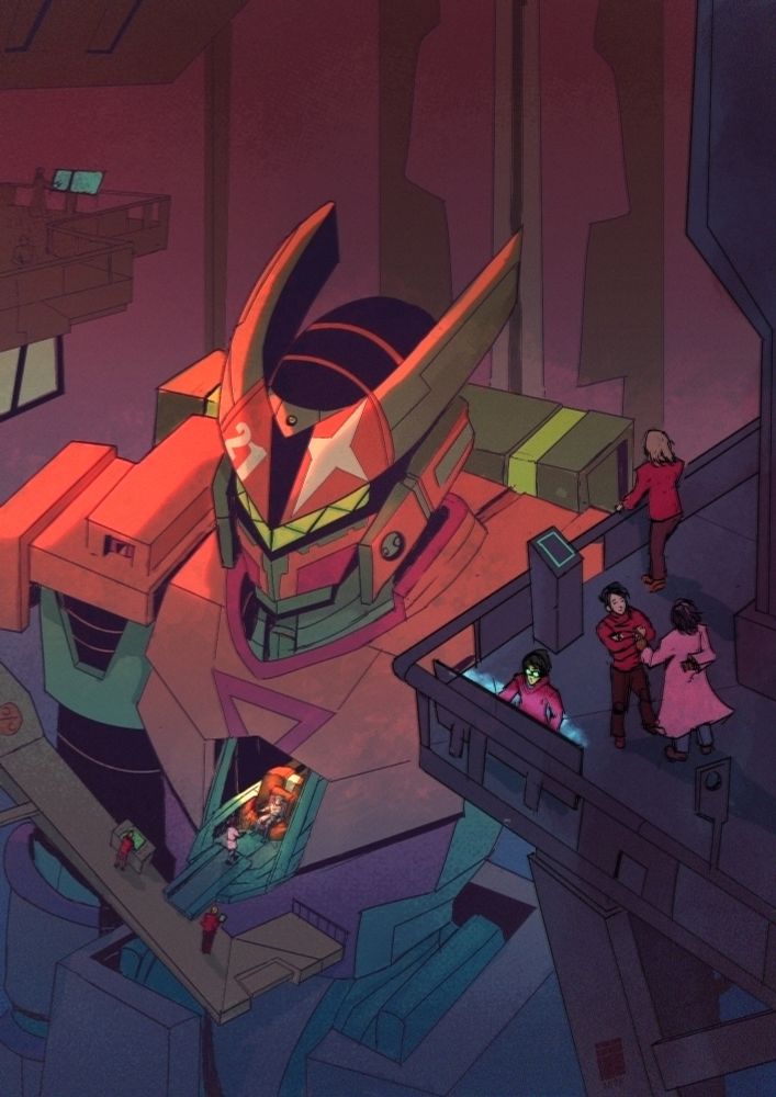 drawing of an giant mecha hangar, very like Gundam or a Evangelion anime scene, a red giant meck is stationed on for a launch test