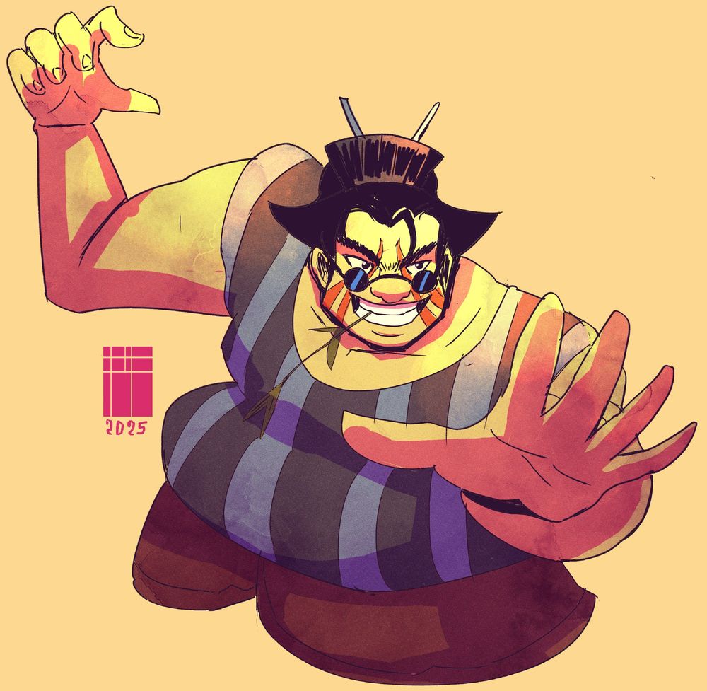 Full shot of a cartoon character, likely from a comic or anime series. The character is a large, stout man with a cheerful, almost boisterous expression. He has a short, dark hairstyle with a traditional-looking topknot. He wears a striped shirt and pants in shades of muted yellow, brown, and purple. He wears sunglasses, and his face has painted or colored designs, possibly tribal markings, in shades of orange and yellow. His hands are outstretched, one slightly in front of the other, with a relaxed posture.  The character's skin tones are a mix of yellowish-tan and reddish-orange. The background is a pale, creamy yellow.  The style is stylized and appears to be ink and watercolor-based. 