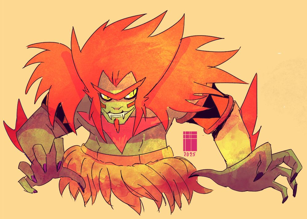 A digital illustration of a character, likely from an animated series or comic book. 

The character is large and imposing, with a muscular build. Its skin is a greenish-gray tone, and it wears a garment resembling a tribal skirt or loincloth, a fiery orange/reddish color. 

Its head is adorned with a vibrant, fiery orange/red mane of hair that flares outward dramatically.  Its face has a pointed chin and a large, somewhat pointed jaw with visible, sharp teeth, suggesting a ferocious nature.  The eyes are a striking yellow-orange with dark outlines, giving an intense or even menacing expression. 

The character's arms are long and thick, ending in hands with sharp claws. The character's posture suggests aggression or readiness to pounce.  

The style of the illustration is reminiscent of anime or cartoon, with a slightly painterly effect.  Colors are bold and vibrant, with transitions that suggest a watercolor or digital painting technique. 