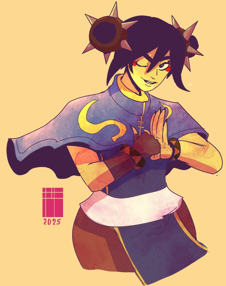 A stylized digital illustration of a female character, likely from a video game or anime. The character has short, dark hair with pointed, spiky buns at the sides of her head. Her hair is a deep purple-black in color. Her expression appears confident and slightly mischievous, with a visible, slightly narrowed eye.

She wears a traditional-style, long-sleeved top, showing a light-purple/blue top with a light yellow crescent moon-shape symbol on the top. The top is layered over a slightly lighter colored top resembling a close-fitting, short-sleeved blouse underneath. The color of the top is a mix of light blue to a darker purple-ish hue, with a cream-colored band at the waist. The character's clothing also includes brown-orange colored pants. 

The character's pose suggests a stance of readiness, possibly in martial arts, with hands clasped in front of her. The background is a soft, muted peach or beige color. The image style evokes a vintage or semi-realistic illustration style, with visible brushstrokes and a soft color palette, and a slightly desaturated color scheme. 