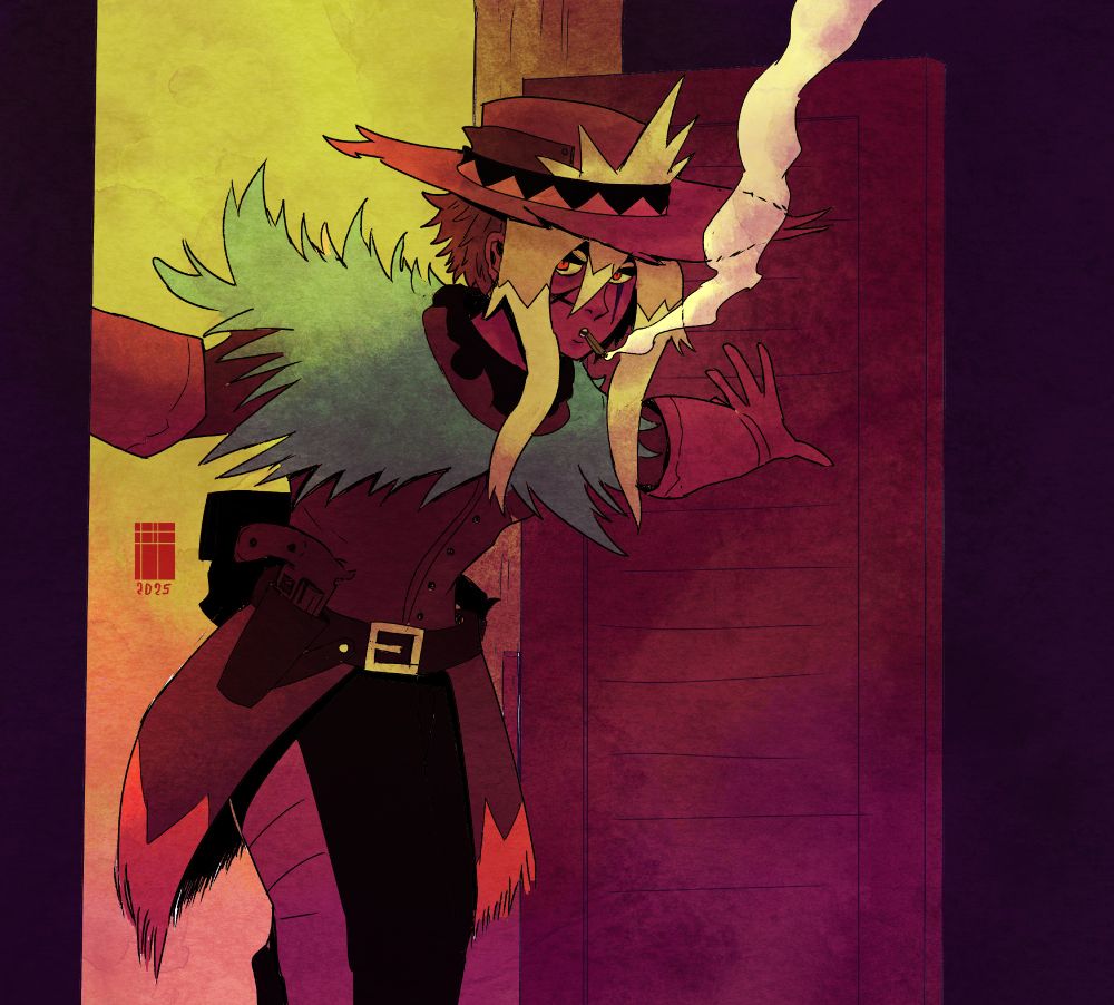 A stylized female figure, reminiscent of a Western-themed character, is depicted. 

She stands in a doorway, seemingly in a dimly lit setting. Her attire includes a wide-brimmed, ornate hat with pointed ornamentation, a fringed, layered coat, leather-look trousers, and leather holster strapped to her waist. 

The color palette is muted, with deep reds, oranges, and muted yellows that create a somewhat desaturated, vintage western aesthetic. 

Her hair is long and light gold, with visible highlights. She has a slightly angular face and appears to be holding a cigarette, as a plume of smoke billows from her mouth. 

The background is a textured design, with a muted yellow/orange tone in the area behind the character, suggesting indirect lighting. A darker purplish background is behind her and along the right side of the image, the wall texture appears rough and weathered. The image style suggests digital art, with possible hand-drawn elements.