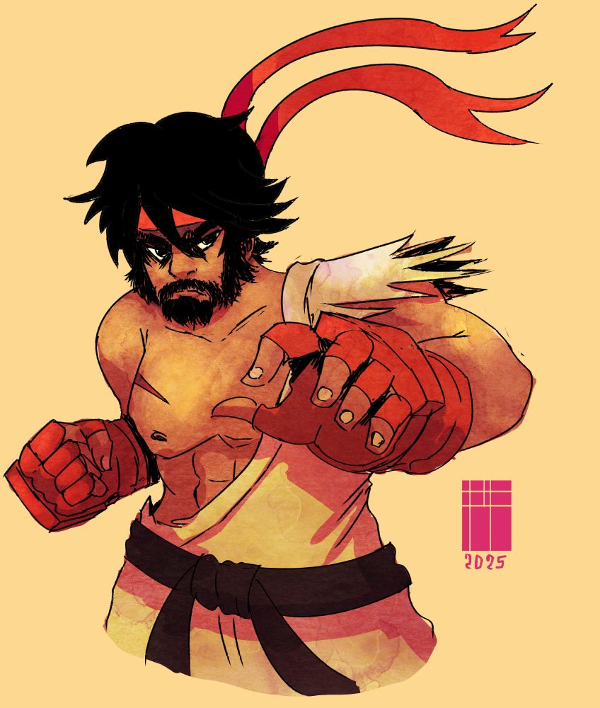 A stylized illustration of a male character, likely from a fighting game like Street Fighter. 

The character is depicted in a dynamic stance, with his arms raised in a fighting posture. His attire includes a light-beige/tan gi-like garment with a black belt, and red boxing gloves. He has dark hair, a substantial beard, and a determined expression. 

The character's skin tones are warm, with visible muscle definition. The style of the artwork is reminiscent of comic book or graphic novel illustrations, with visible line work and muted color tones. The background is a muted peach/orange color.